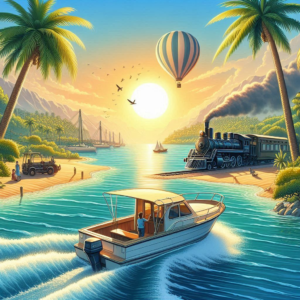 Fahrten mit Boot, Bahn, Ballon, ...